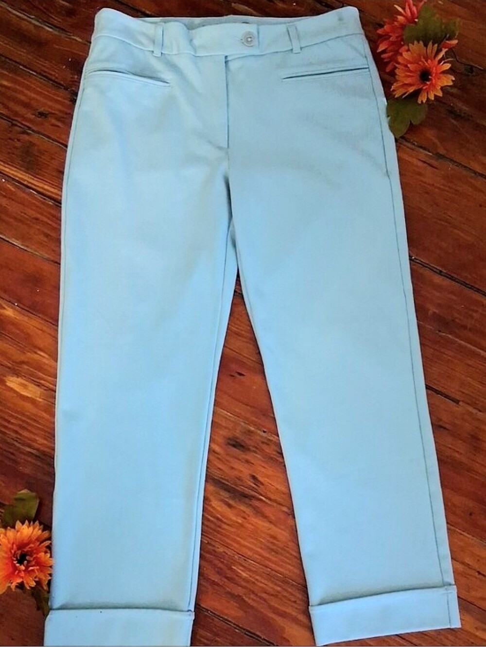 Betabrand Cropped Straight-Leg Pants in Powdwr Blue
